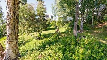 A natural outdoor area with trees, grass, and a wooden structure.