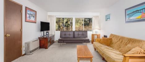 A living room with a sofa, a wooden coffee table, a television, and a window with a view of trees.