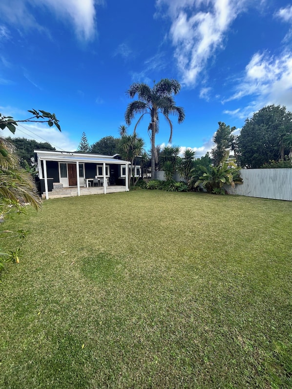 A residential property with a fenced backyard, a single-story house, and a tall palm tree. - Oneroa Holiday House (Waiheke Island)