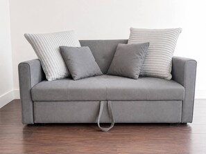 Ein graues Sofa mit passendem Kissen und grauen Sitzkissen.