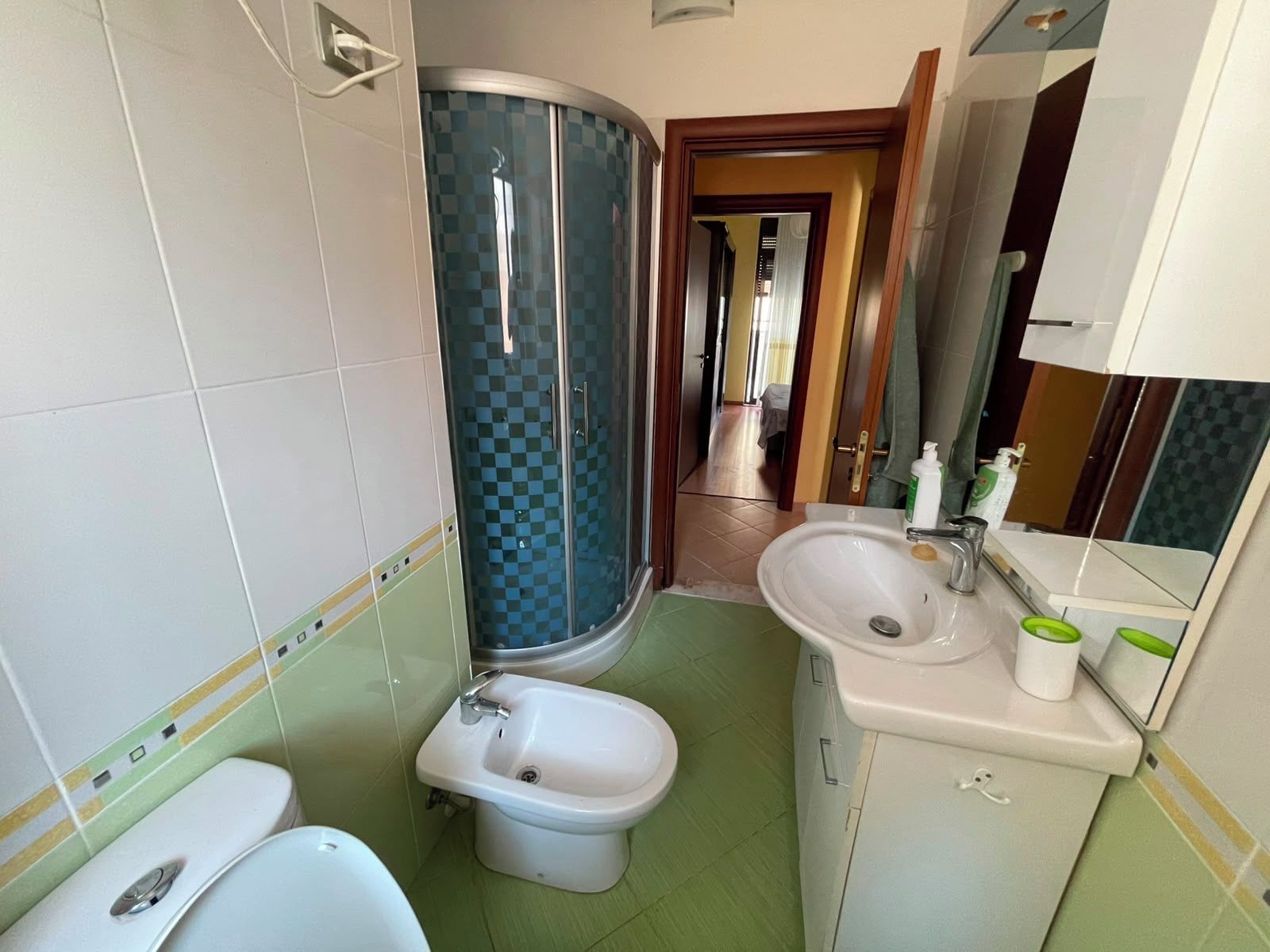 A bathroom with a shower, bidet, toilet, sink, and mirror.