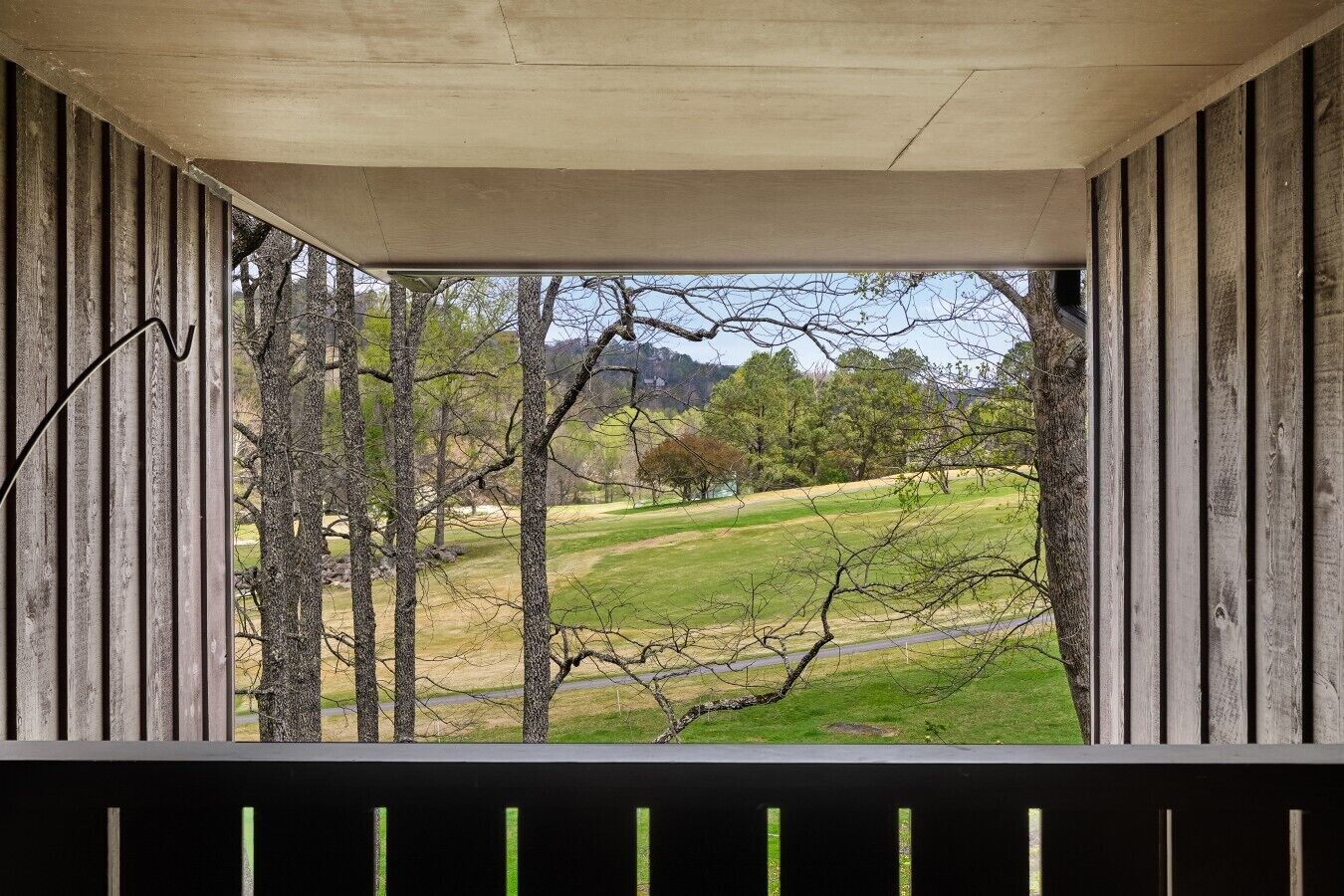 Vue depuis un espace extérieur abrité, doté d’une rambarde en bois, donnant sur un paysage verdoyant avec des arbres et une colline au loin.