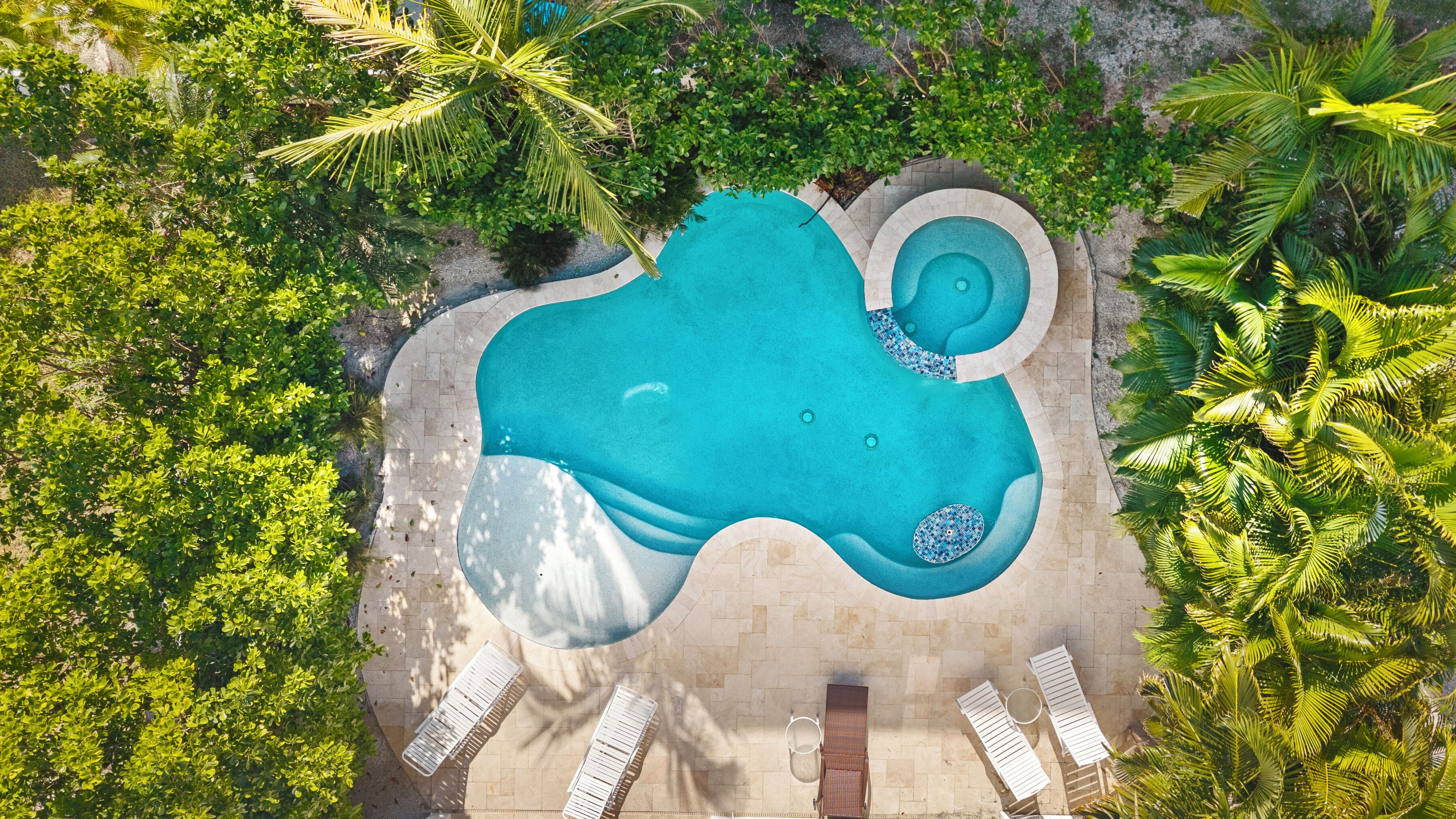 An aerial view of a swimming pool with a unique shape surrounded by lush greenery and a few lounge chairs.