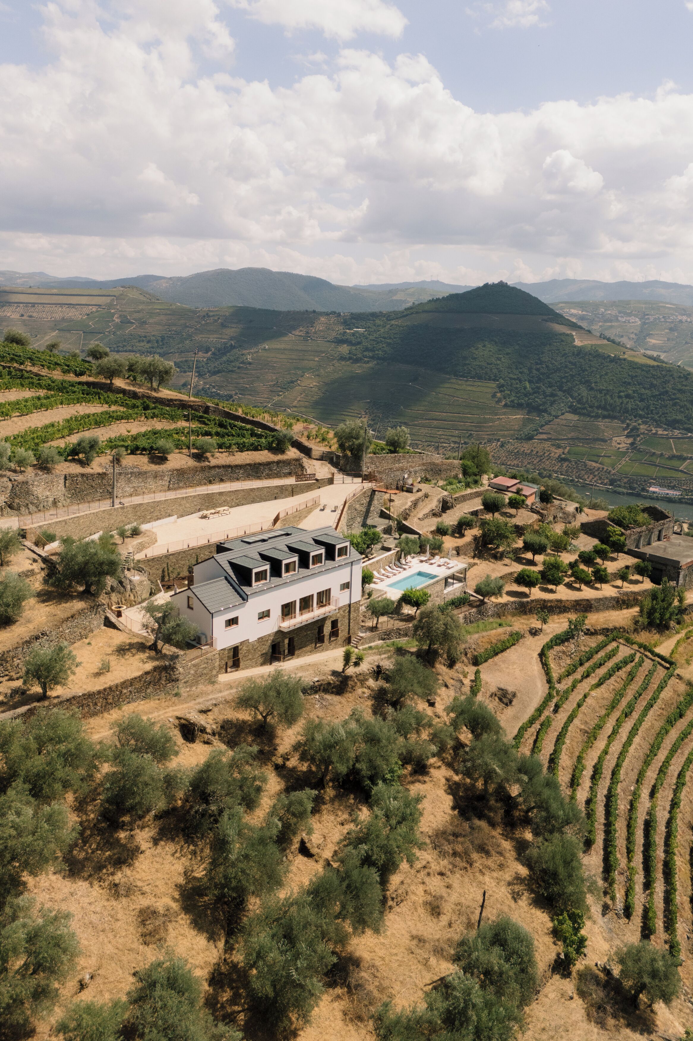 Uma villa moderna com piscina, rodeada por vinhedos em socalcos e uma paisagem montanhosa.