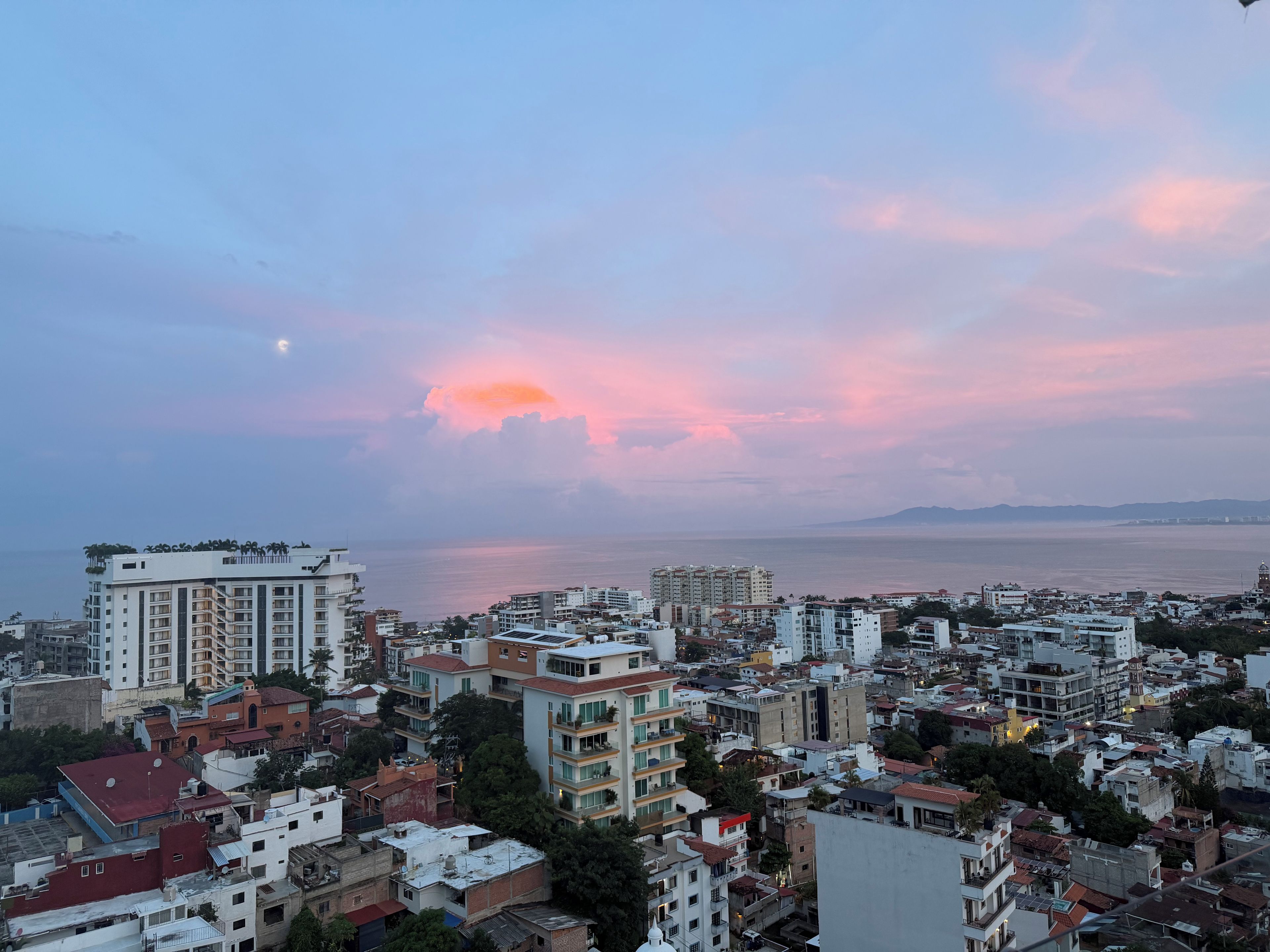 A coastal cityscape with a variety of building styles, including residential and commercial structures, under a pink and blue sky.