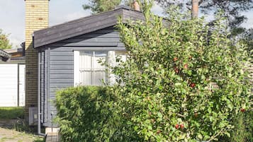 A residential building with a chimney, a window with curtains, and a tree with red fruits.