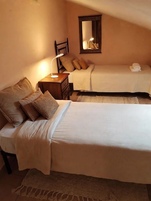 A bedroom with two beds, a nightstand, a lamp, a mirror, and a woven rug.