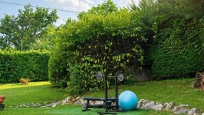 A well-maintained outdoor area with a weightlifting station, exercise ball, and a neatly trimmed hedge. - A 19th-century farmhouse with spacious grounds surrounded by greenery and a swimming pool (Molise)