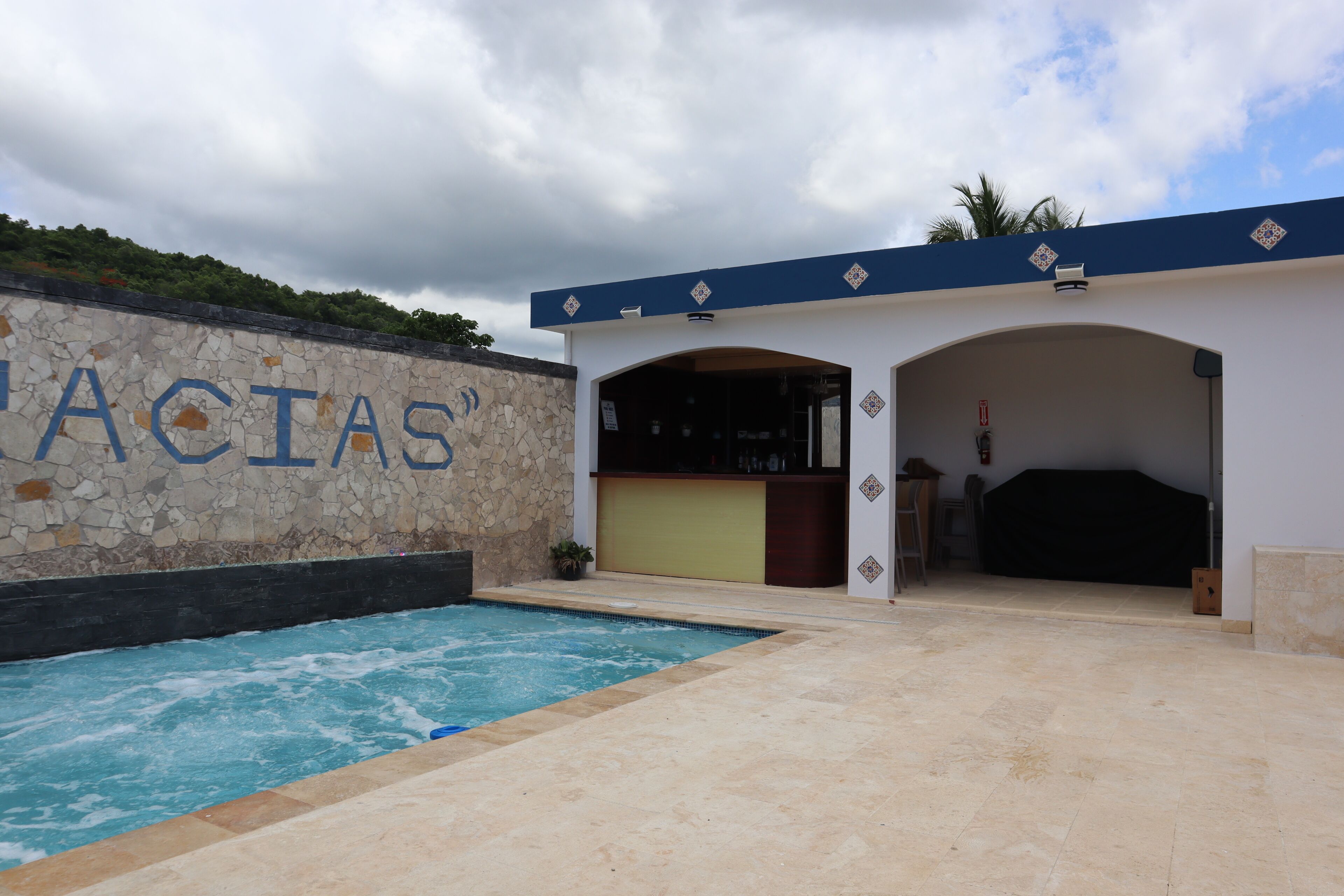 Zona de piscina con muro de piedra y barra.