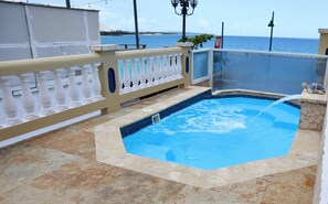 A swimming pool with a stone border, a white balustrade, and a view of the sea. - La Bahia Guest House/ Front beach 2 private (Aguadilla)
