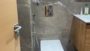 A bathroom with a white toilet, a shower with a handheld showerhead, a mirror above the sink, and a wooden cabinet. - Appartement lumineux calme et bien situé á 2 pas de la plage-Skhirat et Sablette (Maroc)