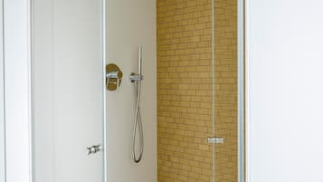 A modern shower with a glass door, a handheld showerhead, and a wall-mounted rain showerhead.