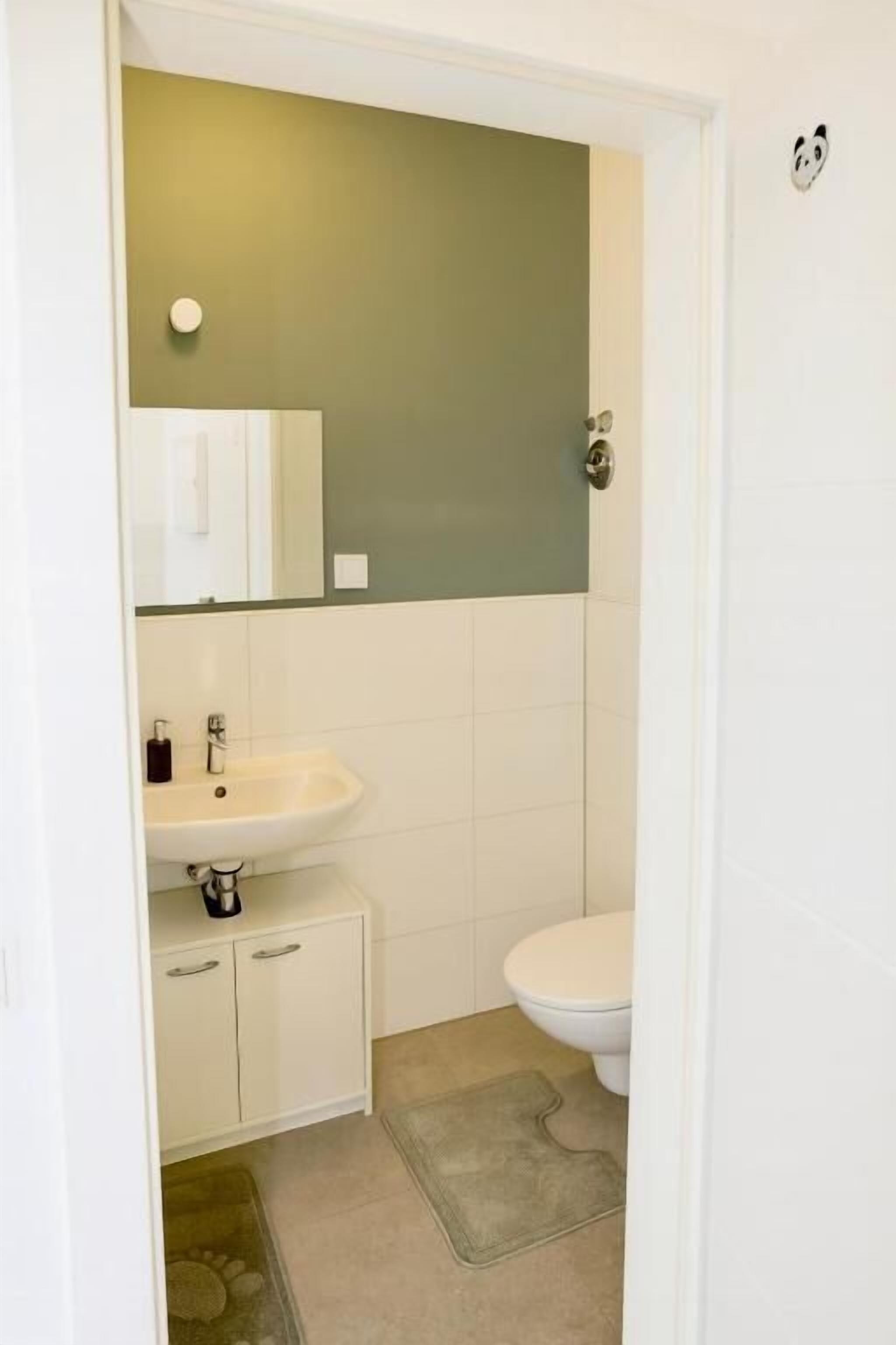 A small bathroom with a white sink, a toilet, and a mirror above the sink.