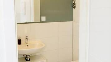 A small bathroom with a white sink, a toilet, and a mirror above the sink.