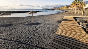 En strand med en træpromenade, sten og palmer.