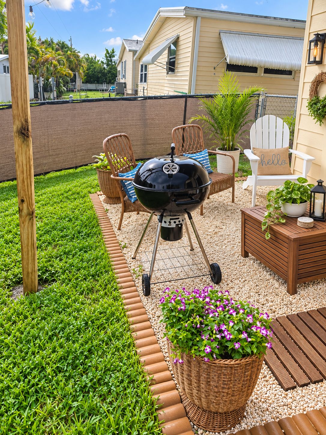Een achtertuin met een barbecue, rieten stoelen, een houten tafel en potplanten.
