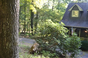 A house with a sloped roof, a front porch, and a driveway leading to the entrance.