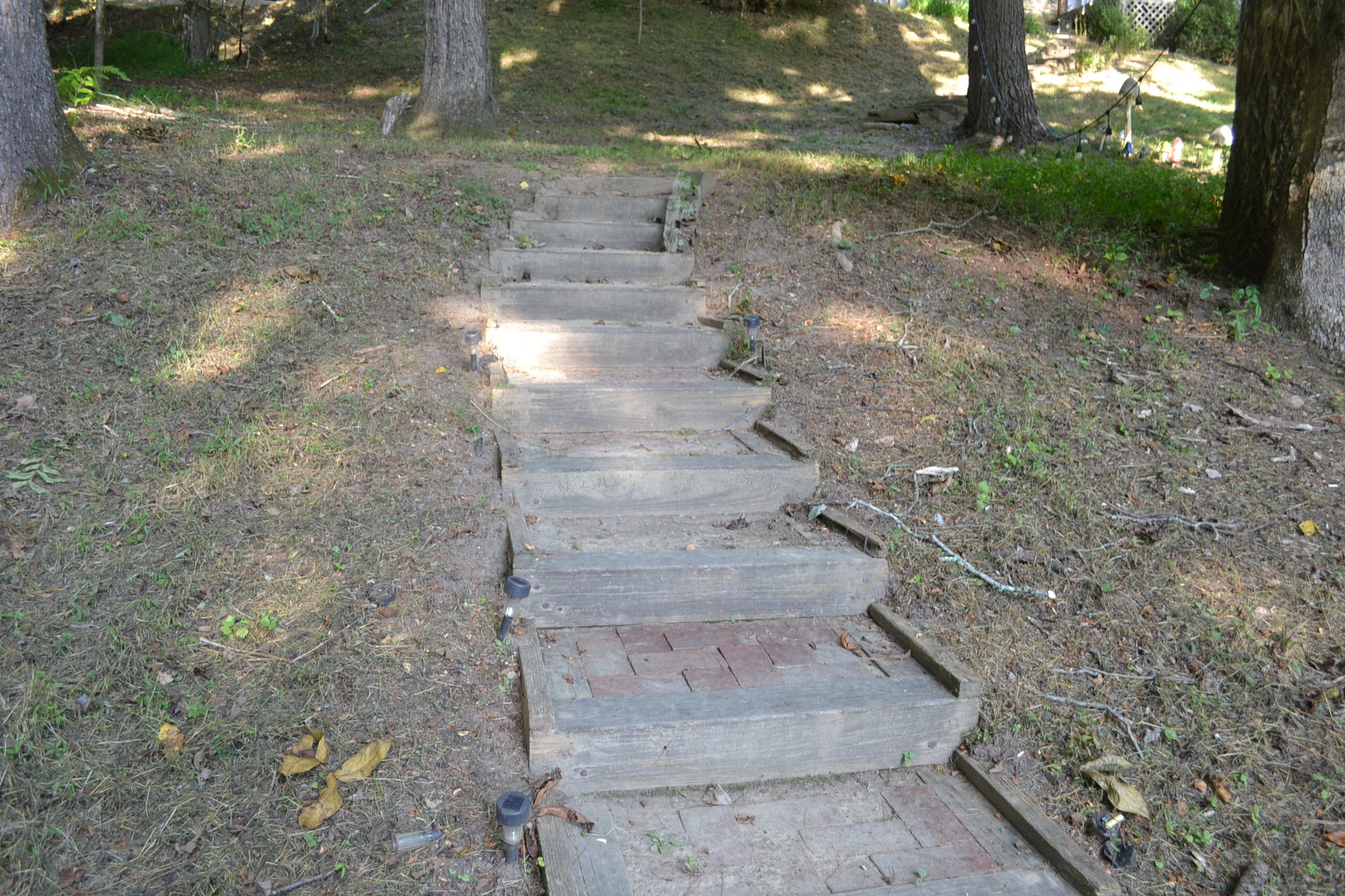 Un escalier en bois menant à une zone boisée.