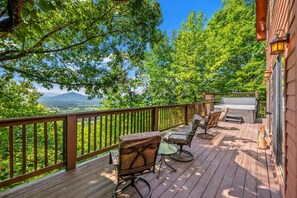 A deck with outdoor furniture, a barbecue grill, and a view of a mountainous landscape. - Stunning MTN and Valley Views! 3BR*Hot Tub*Privacy (Sevierville)