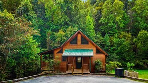 A log cabin with a porch, surrounded by dense forest. - Peaceful 2BR w/Hot Tub*Game Room*Fireplace*Quiet! (Sevierville)