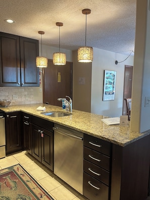 A kitchen with granite countertops, stainless steel appliances, and pendant lighting. - Walk Out Ski In 2 Bed 2 Bath (Crested Butte)