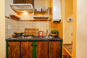 Une cuisine équipée d’une cuisinière, d’un évier et d’un égouttoir à vaisselle.