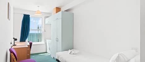 A compact room with a single bed, a desk with a chair, a wardrobe, and a window with curtains.