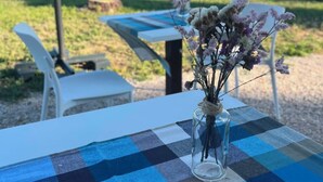 Et bord med dug i tern, en glasvase med tørrede blomster og udsigt over et landskab med grønne arealer og en klar himmel.