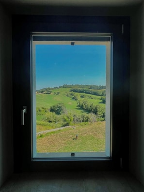 A room with a large window offering a view of a green landscape. - A wonderful B&B just a stone's throw from the city, nestled in a peaceful, natural setting (Marche)