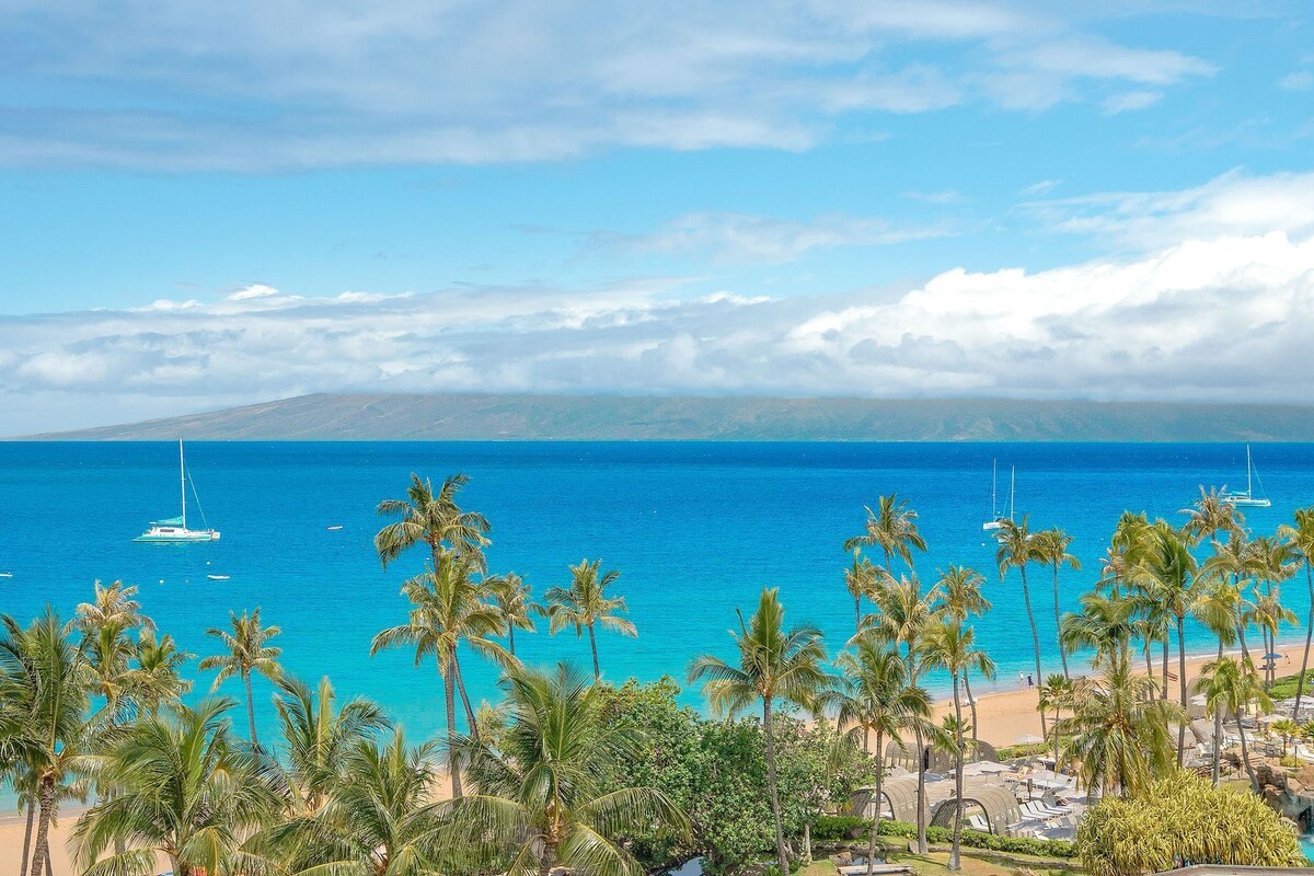 A beach with palm trees, a clear blue sea, and a distant mountain range.