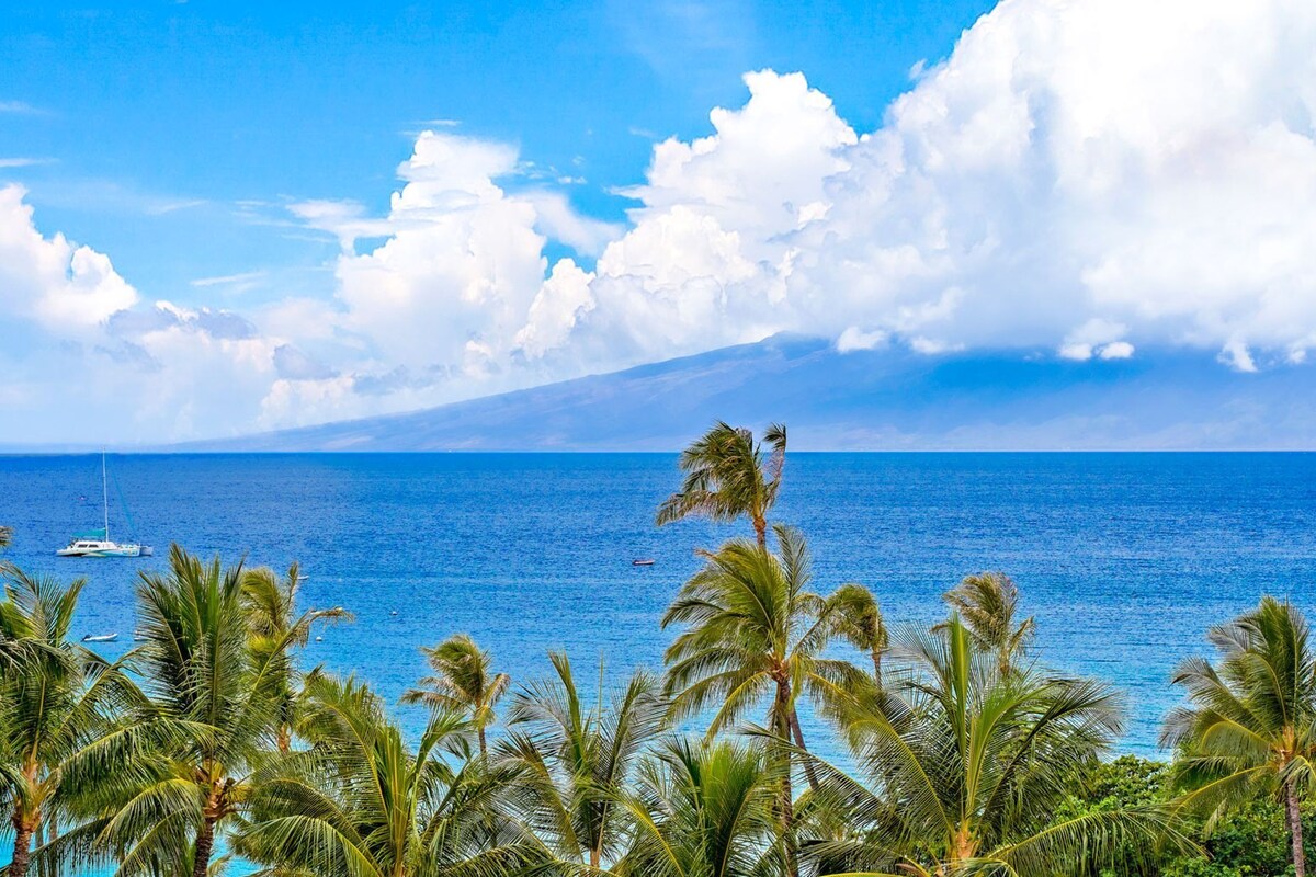 A tropical beach with palm trees, a clear blue sky, and a view of the ocean.