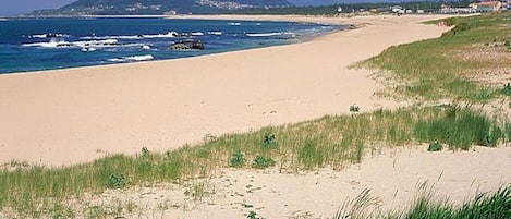 A beach with a mountain in the background, clear skies, and a sandy shoreline.