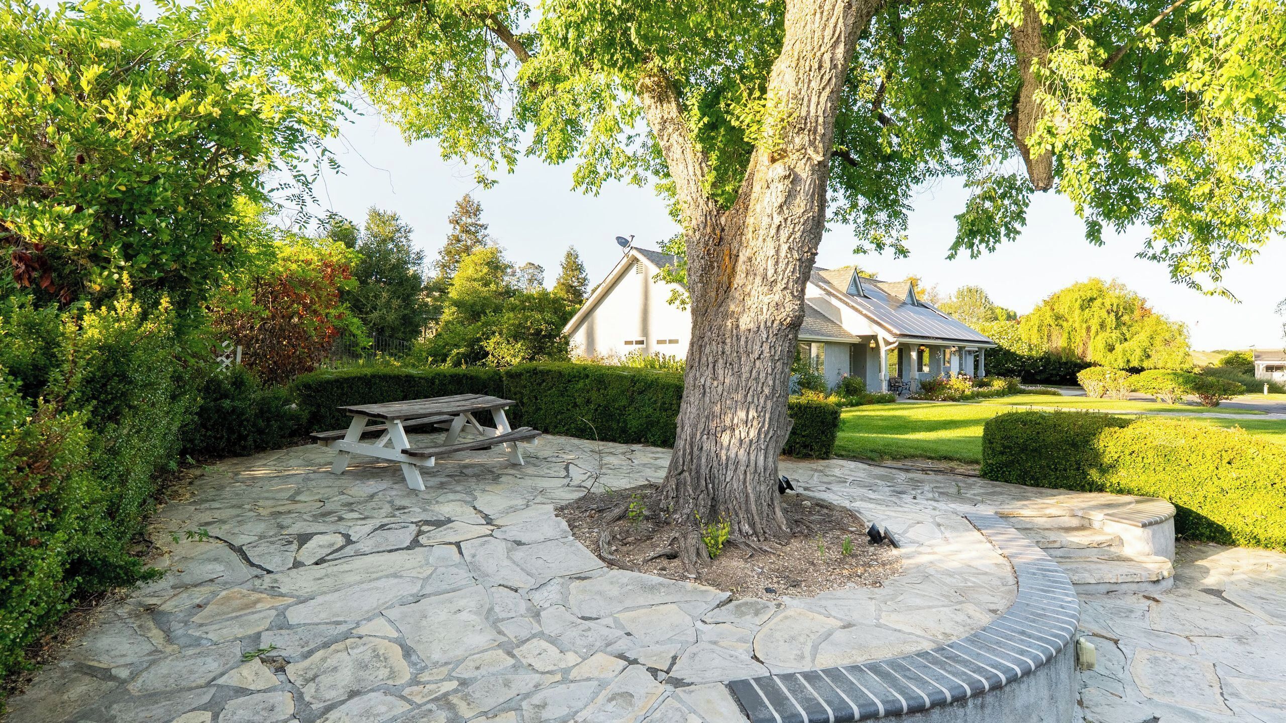 A stone patio with a picnic table, surrounded by well-maintained hedges and trees.