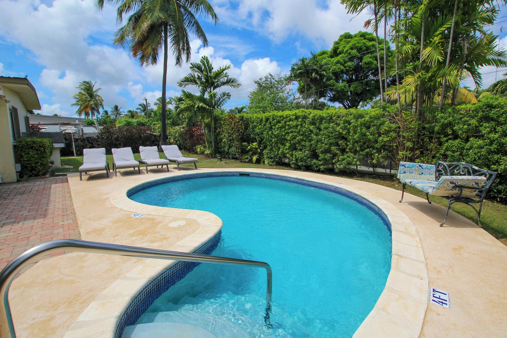 Una piscina de borde curvo, rodeada de sillones de descanso y palmeras.