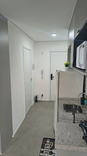 Un pasillo estrecho con una zona de cocina a la derecha, que incluye un lavabo, encimera y microondas.