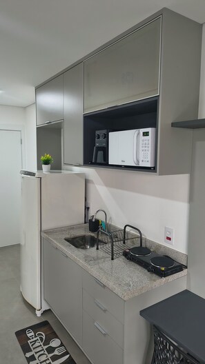 Une cuisine compacte équipée d’un four à micro-ondes encastré, d’un évier avec un robinet et d’une petite plante en pot posée sur le plan de travail.