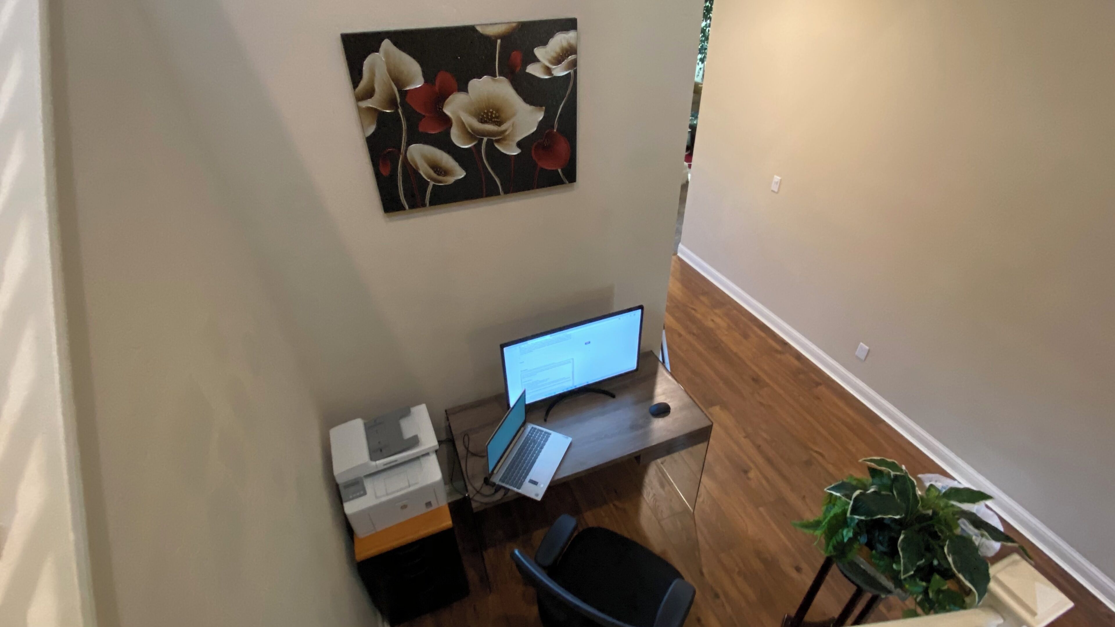 A home office with a desk, laptop, printer, and a plant.