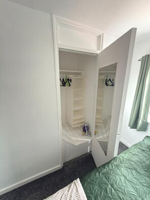 Une chambre avec un placard intégré, un lit recouvert d’une couvre-lit à motifs verts et un miroir qui reflète le placard.