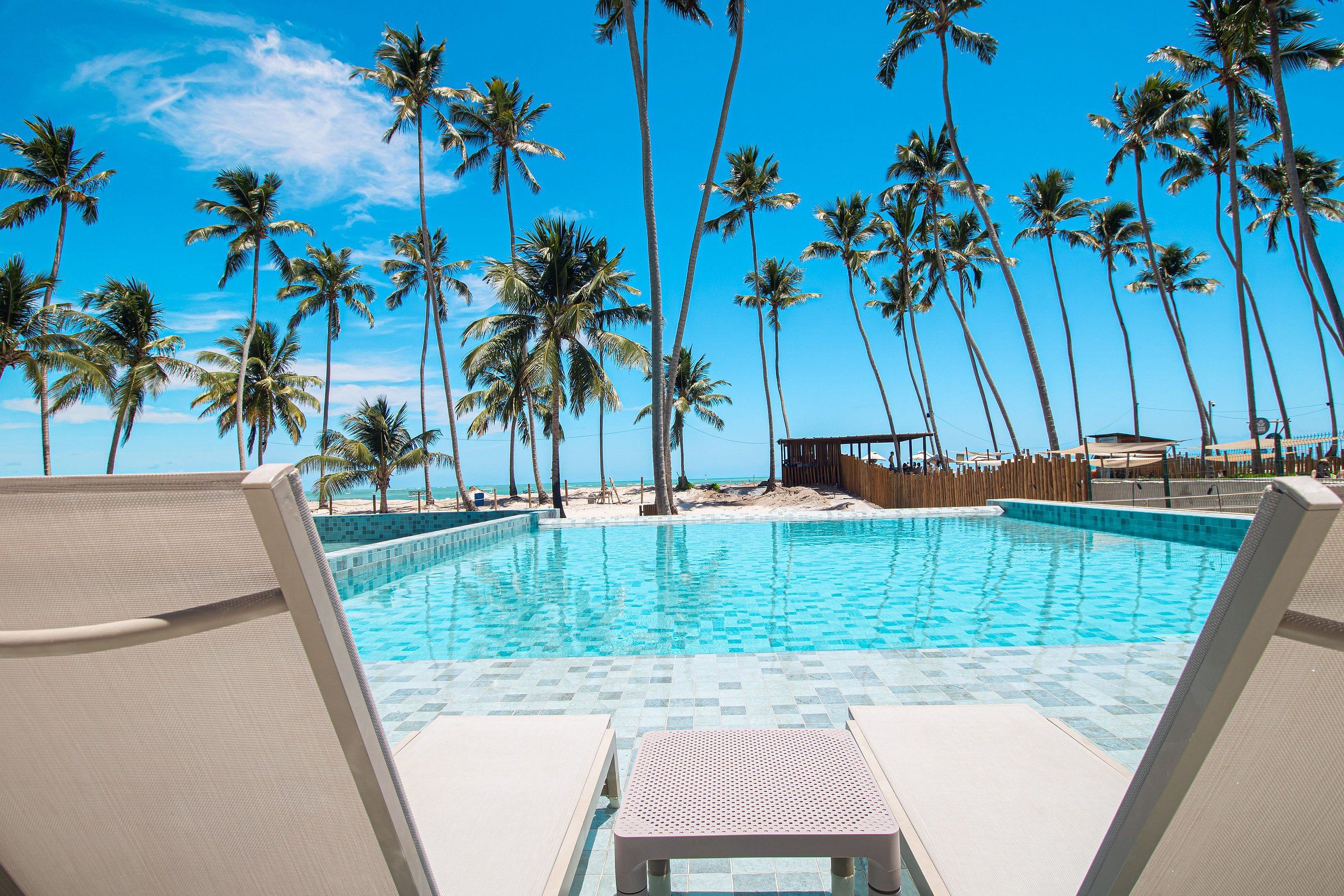 A pool with clear blue water, surrounded by palm trees and lounge chairs.