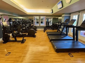 Una palestra con diverse tapis roulant ed ellittiche disposte in file.