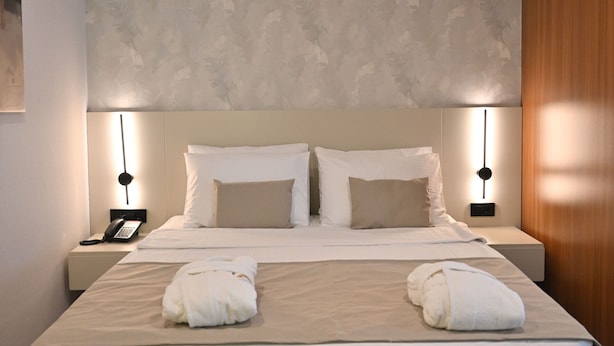 A hotel room with a large bed, two bedside lamps, a telephone, and a wall with a leaf pattern. - Janset Boutique Hotel (Diyarbakır)