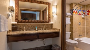 Hair dryer, towels, soap, shampoo