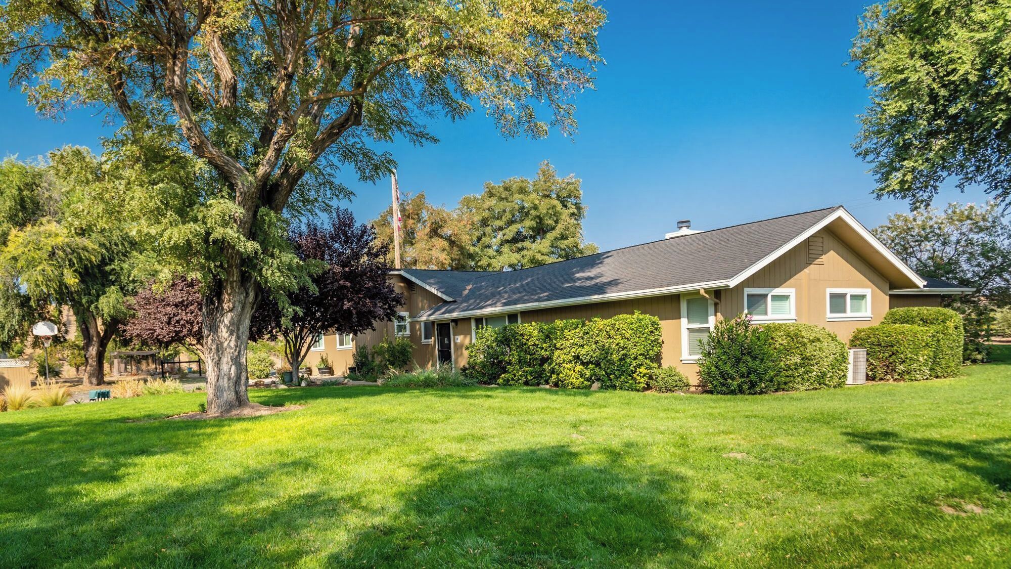 A single-story house with a sloped roof, surrounded by a well-maintained lawn and mature trees.