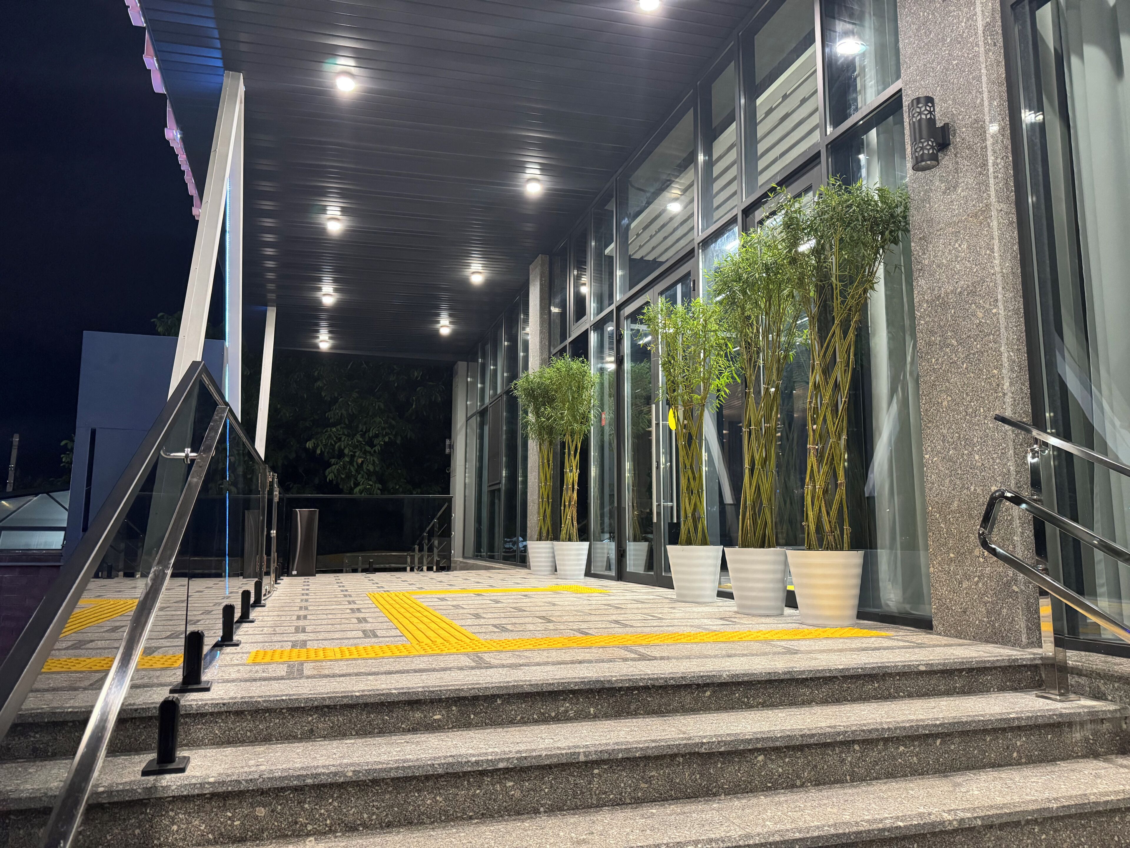 Entrada de edificio con escalones, barandas y plantas en macetas.