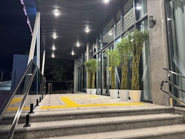 Entrada de edificio con escalones, barandas y plantas en macetas.