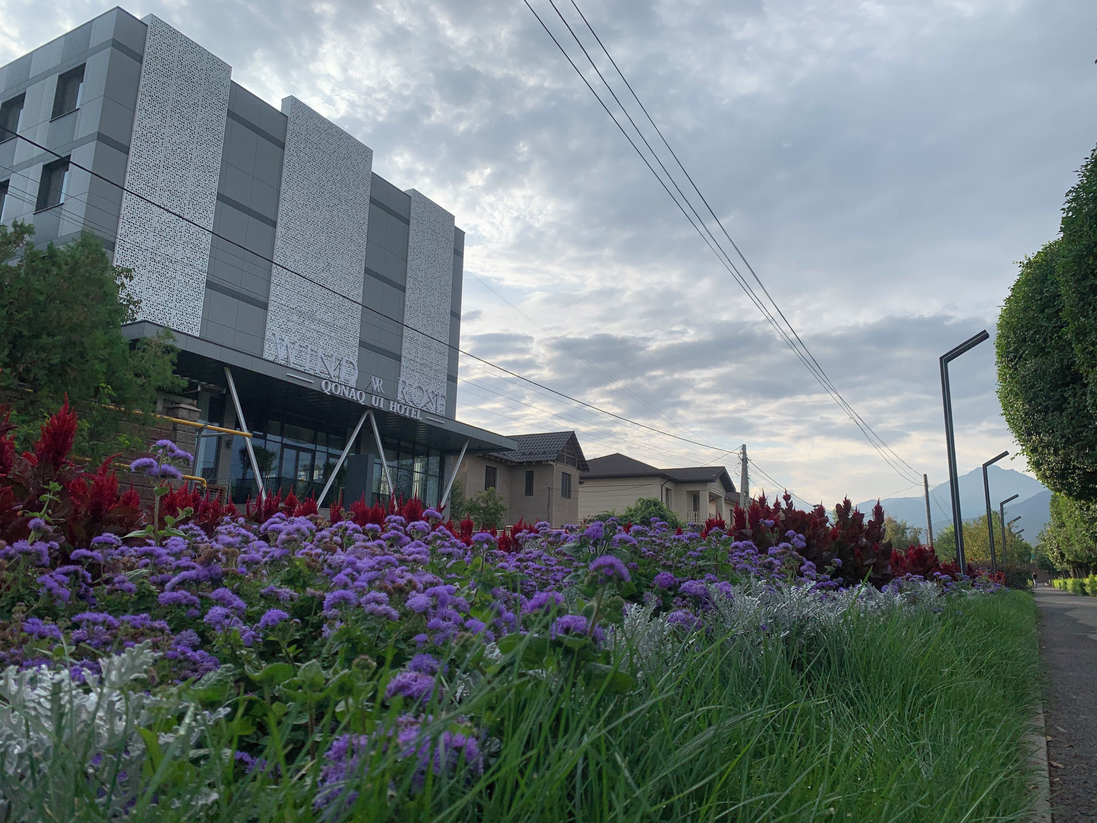 Un hotel con fachada moderna, un jardín ajardinado con flores púrpuras y un cielo despejado.
