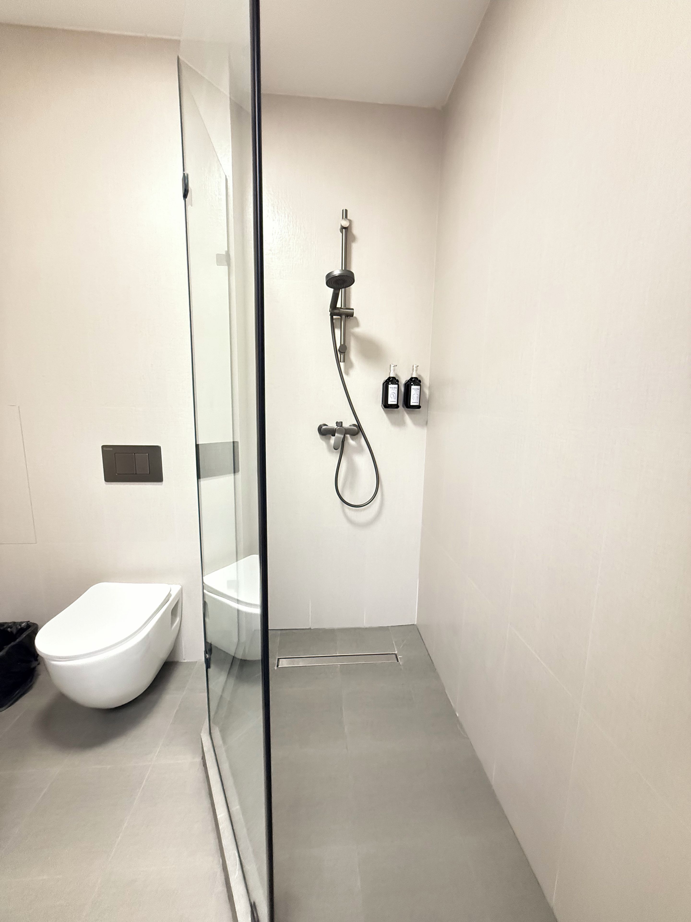 Een moderne badkamer met een glazen douchecabine, toilet, douche met een handdouche en twee shampoos op de muur.