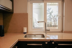 A kitchen with a stainless steel sink, a window with a view of trees, and a roll of paper towels on the counter. - Luxury Duplex With Jacuzzi, Stunning Views (St. Julian's)