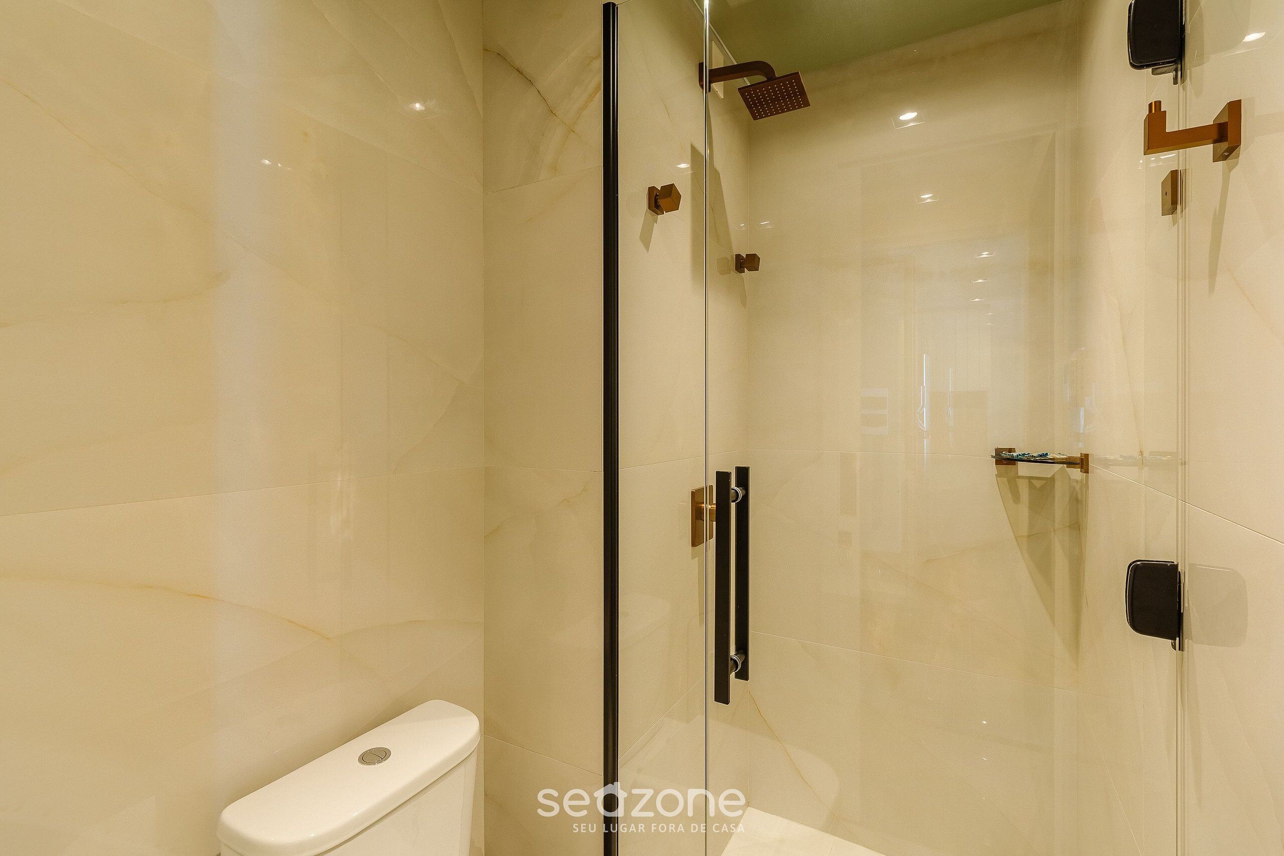 Een moderne badkamer met een douche in een glazen cabine, een toilet en een wastafel.