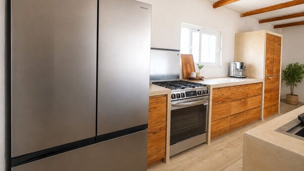 Eine moderne Küche mit Edelstahlgeräten, Holzschränken und einem eingebauten Backofen.